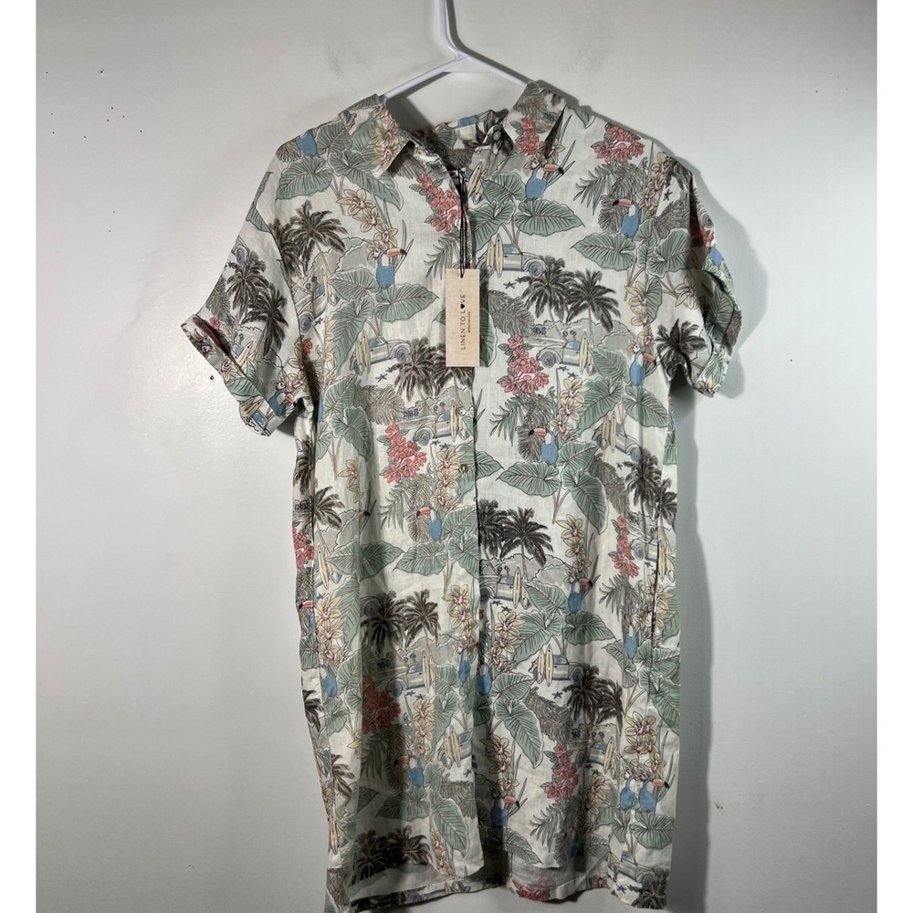 LINEN TO LOVE‎ Tropical Toucan Palm Tree Short Sleeve Shirt Dress Women's